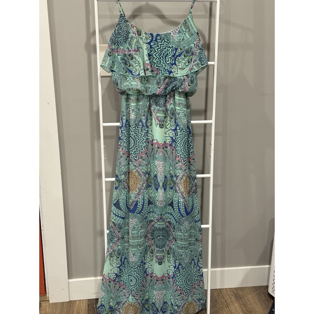 Double U Bohemian Style Maxi‎ Dress Made In USA L Spaghetti Strap Ruffle Flounce